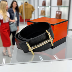 Ceinture femme Hermès – Cuir noir grainé & boucle dorée – Coffret de luxe