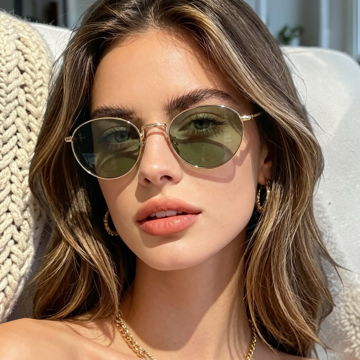 Lunettes de Soleil Femme Round Cat-Eye – Olive Gold