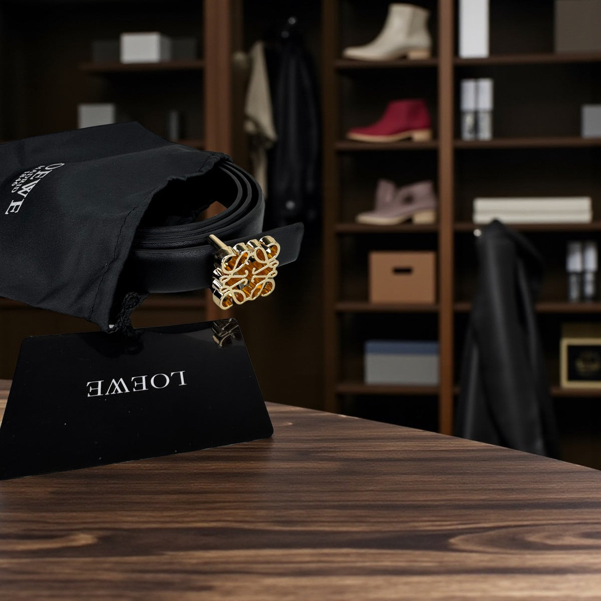 Ceinture femme Loewe – Cuir noir & boucle dorée emblématique – Pochette de luxe