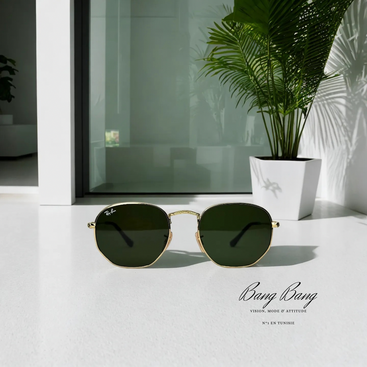 Ray-Ban RB3548N – Lunettes de soleil Hexagonales Doré & Verres Verts Classiques