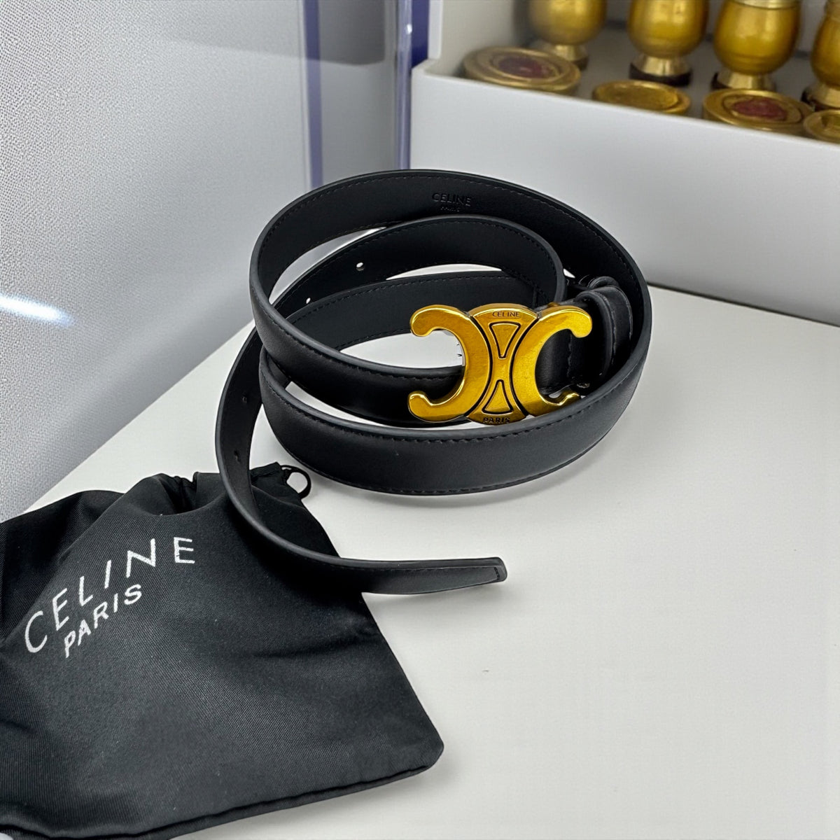 Ceinture femme en cuir noir – Boucle dorée Triomphe CELINE