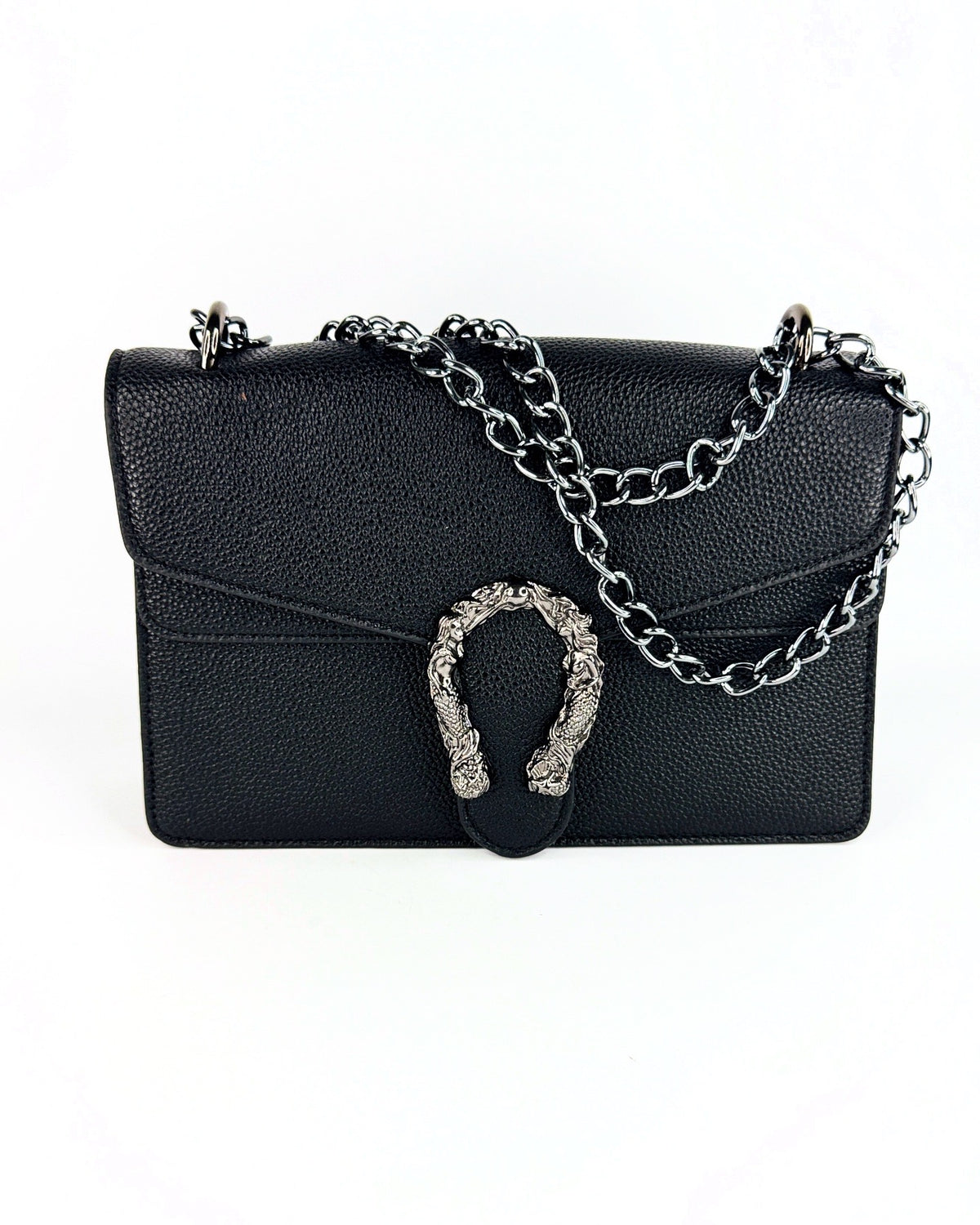 Sac à bandoulière noir en cuir grainé avec fermoir tête de tigre et chaîne argentée