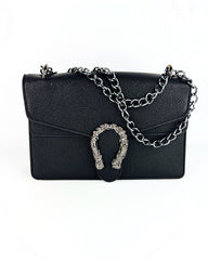 Sac à bandoulière noir en cuir grainé avec fermoir tête de tigre et chaîne argentée